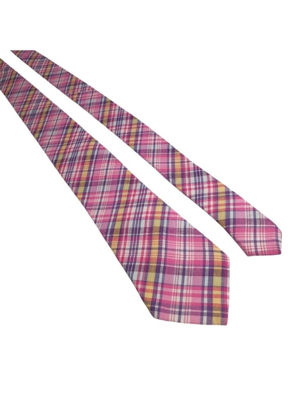 Rooster Pink Purple Yellow Plaid Mens Narrow Necktie Made USA Vintage Polyester